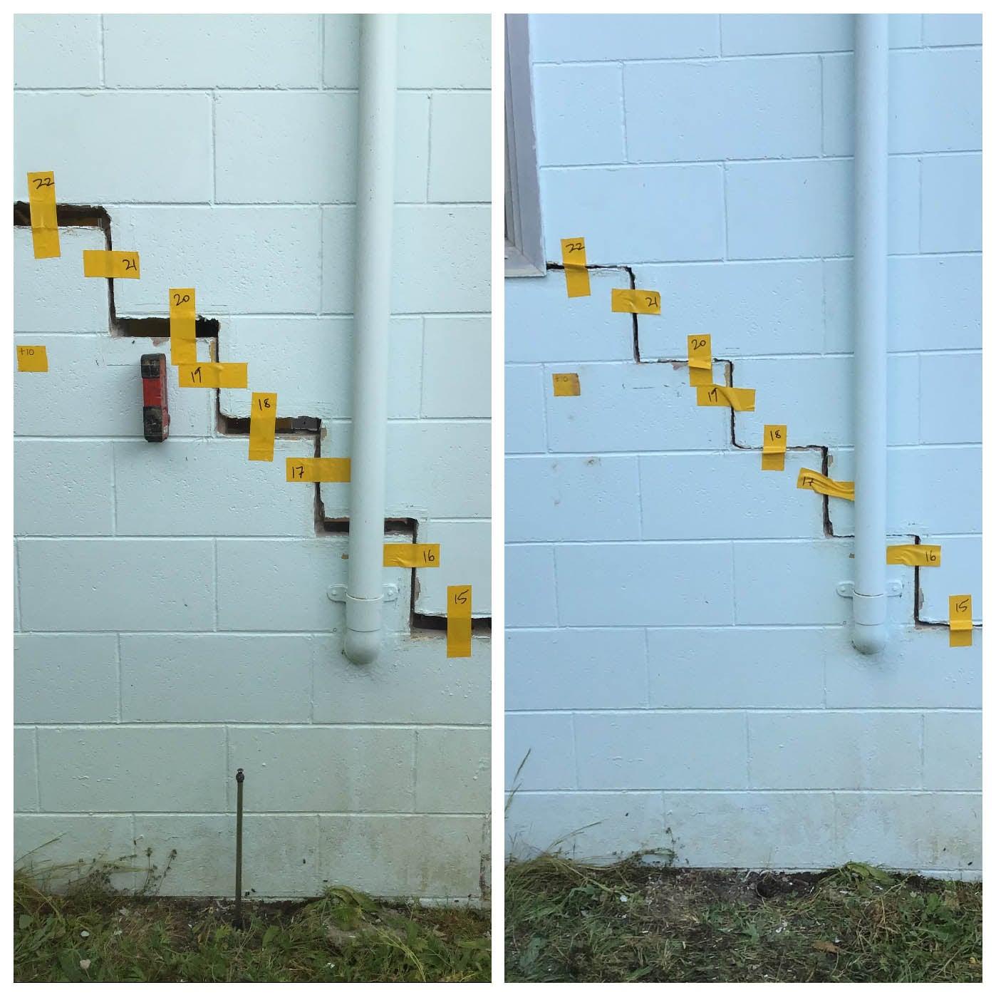 Stepped exterior masonry crack tracked with survey markers and closed