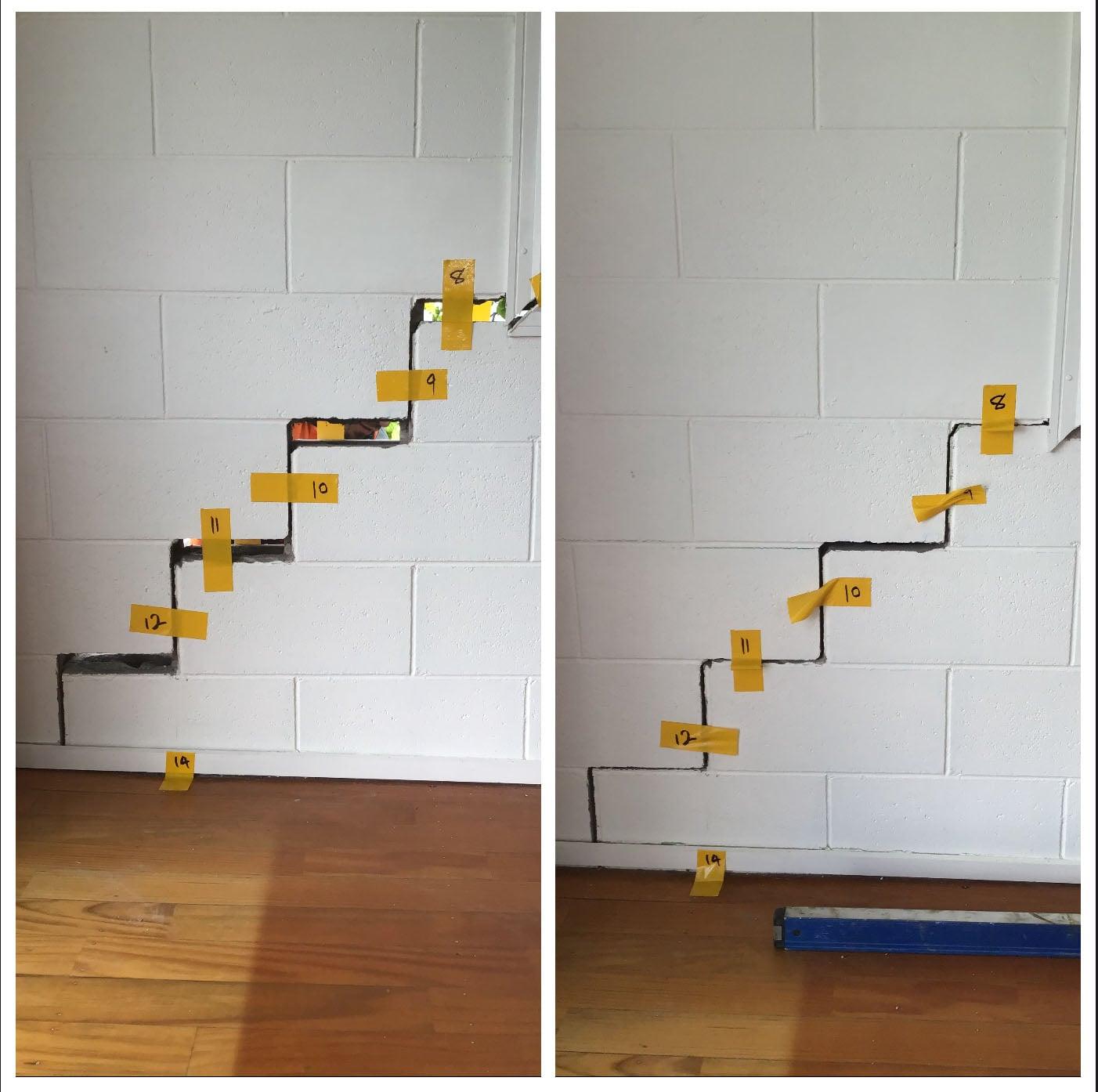 Stepped interior masonry crack closed after treatment