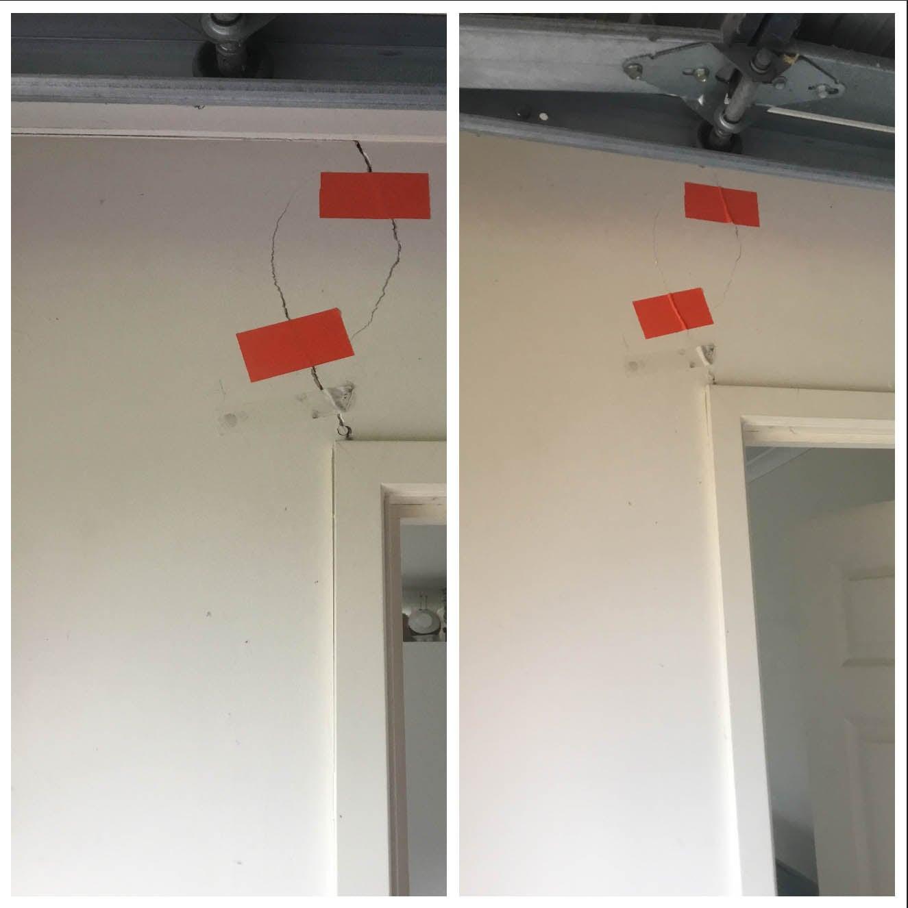 Wall crack at a garage door frame sealed after ground stabilisation