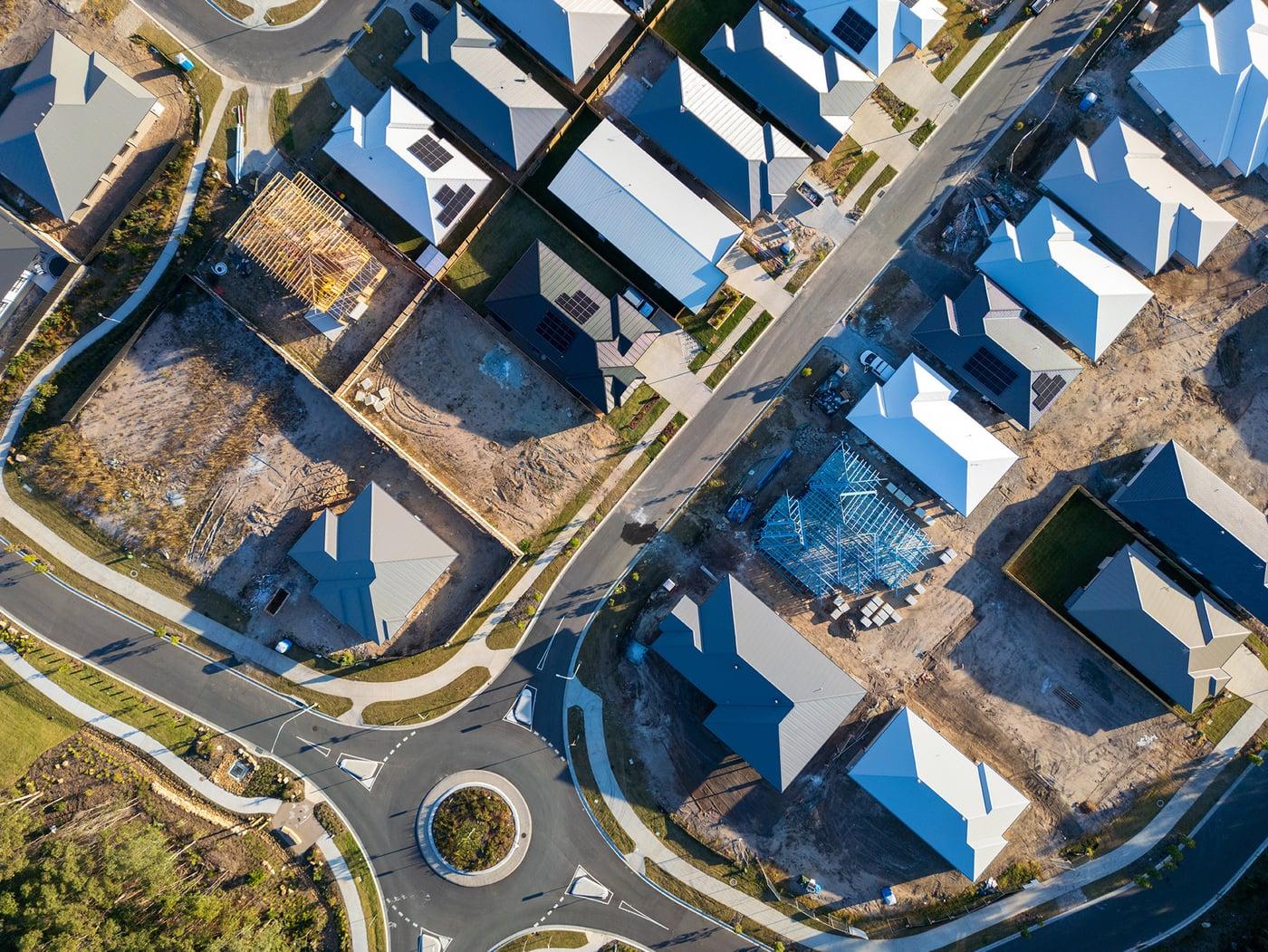 Residential subdivision under construction, seen from above